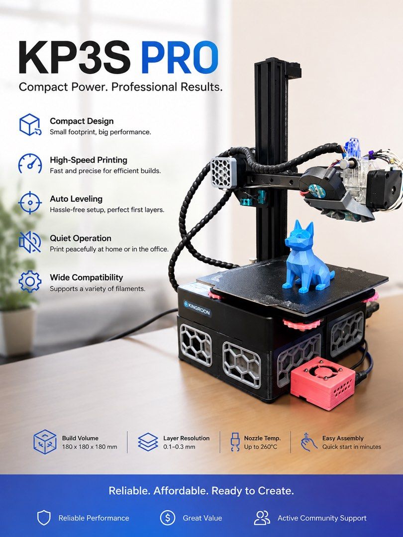 KINGROON KP3S PRO 3d printer (Category: Printers, Scanners & Copiers) located in Pasig City. Submitted by fgkhobbyshop (Listing ID 1440291331, Image 1). Description: Start your 3D printing journey! For Sale: Kingroon KP3S Pro 3D printer Php 5,000.00 only! Equipped with auto-bed leveling and a web browser interface (no need for USB Drive, super easy to setup and use) Comes with spare parts (print bed leveling knob and handle, nozzles, extruder, si