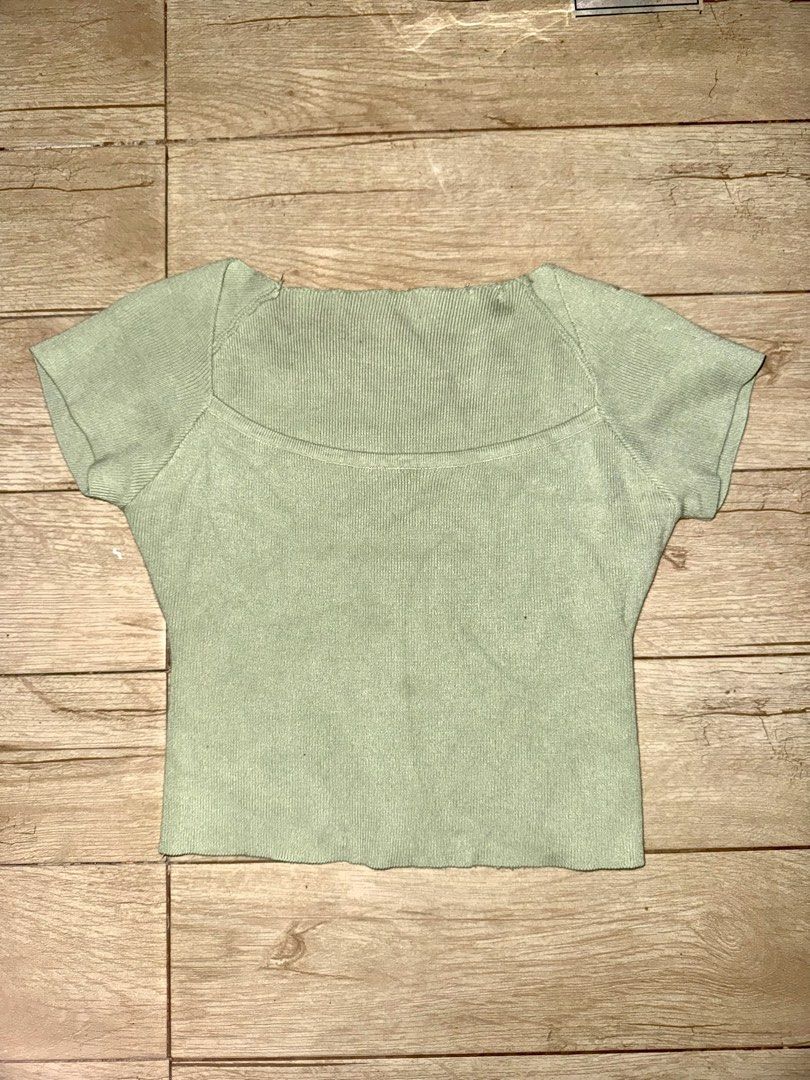 light green square neck ribbed knitted crop top (Category: Shirts) located in Bacoor. Submitted by siannealcazar (Listing ID 1440214542, Image 2). Description: size: xs/s - light muted green ribbed knit crop top - square neckline - short sleeves - comfortable and stretchy fit 🔖 style / helping tags: rock, grunge, grungecore, kendal, acubi, disneycore, teens, party, modern, retro, casual, cottagecore, vintage y2k, early 2000s, mcbling style, tras