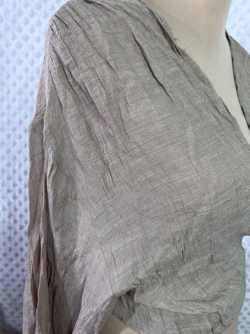 Lightweight Beige Linen Blend Wrap Top Long Sleeve (Category: Blouses) located in Quezon City. Submitted by mondaymayhem (Listing ID 1440347211, Image 3). Description: 596) fits xs-large 🚚j&t(payment first) ☑️same day delivery(lalamove/grab) 📍Batasan hills qc 📱message fbpage: Monday Mayhem .