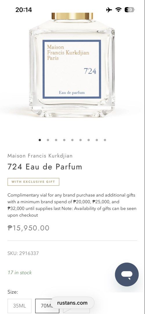 Maison Francis Kurkdjian 724 (Category: Fragrance & Deodorants) located in Marikina City. Submitted by pastofdraw (Listing ID 1429937435, Image 3). Description: fsm/70ml (few sprays missing) full presentation ₱16k in Rustan's (always sold out) *all items are guaranteed authentic , i dont buy fakes/replicas*.