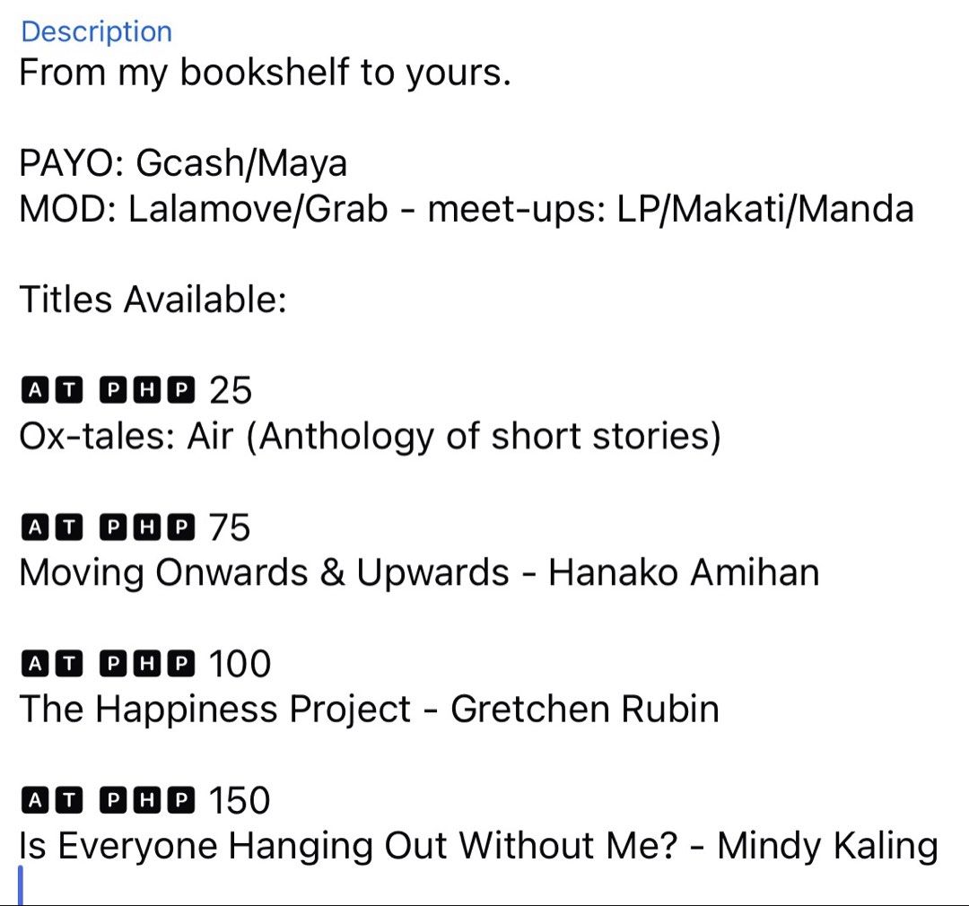 Books for Sale - Starts at PHP 25 (Category: Storybooks) located in Manila. Submitted by soondoongdori (Listing ID 1440365154, Image 2). Description: - Is Everyone Hanging Out Without Me? by Mindy Kaling - The Happiness Project by Gretchen Rubin - Ox-tales: Air anthology - Moving Onwards & Upwards by Hanako Amihan - Perfect for readers looking for popular and engaging titles..