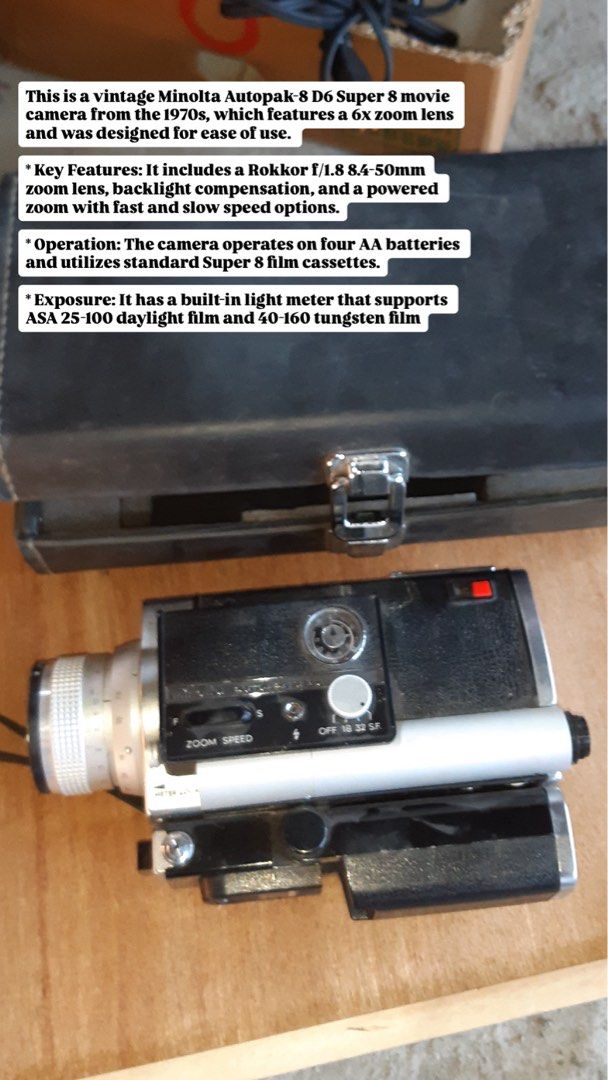 MINOLTA AUTOPAK VINTAGE VIDEOCAMERA (Category: Video Cameras) located in Camiling. Submitted by authpreloveditems (Listing ID 1440309860, Image 1). Description: Vintage Minolta Autopak D6 Super 8 movie camera - Manufactured in the 1970s - Features a 6x zoom lens - Includes a Rokkor f/1.8 8-50mm lens - Built-in light meter supports ASA 25-100 daylight and 40-160 tungsten film - Powered by four AA batteries - Uses standard Super 8 film cassettes - 