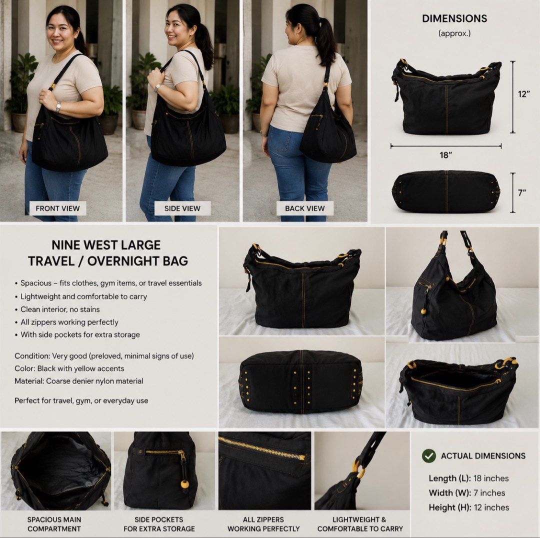 Nine West Large Travel or Overnight Bag (Category: Shoulder Bags) located in Pasig City. Submitted by gedi_c (Listing ID 1440362249, Image 1). Description: Nine West Large Shoulder / Overnight Bag • Spacious – fits clothes, gym items, or travel essentials • Lightweight and comfortable to carry • Clean interior, no stains • All zippers working perfectly • With side pockets for extra storage Condition: Very good (preloved, minimal signs of use) Col