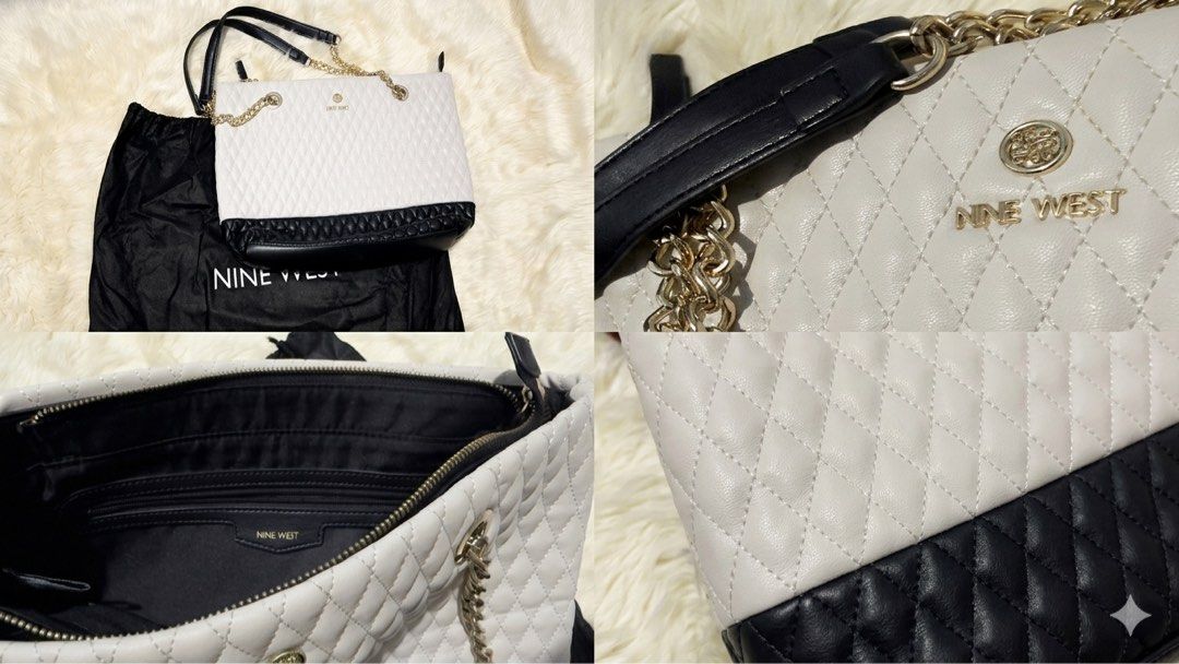 Nine West Quilted Tote Bag with Chain Strap (Category: Shoulder Bags) located in Rizal. Submitted by cutiefindspreloveditems (Listing ID 1440369346, Image 1). Description: - Brand: Nine West - Color: White and Black - Style: Quilted Tote Bag - Features: Gold chain strap, multiple interior compartments - Includes: Original dust bag, paper bag and receipt - Versatile: Great for everyday use or a night out.
