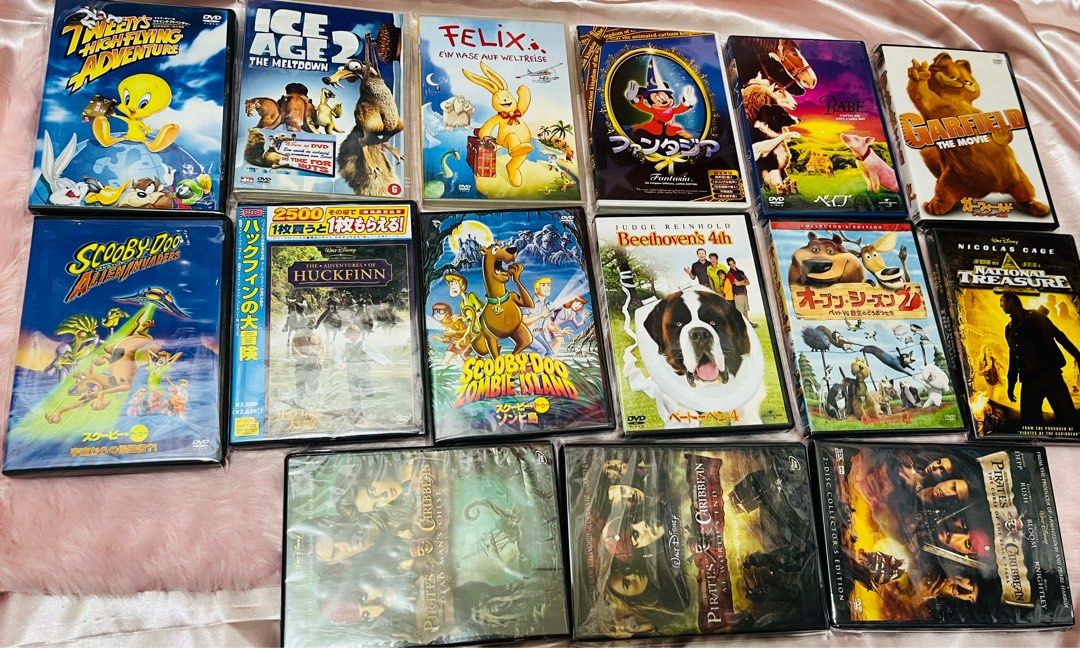 Original DVDs for Kids (Category: CDs & DVDs) located in Mandaluyong City. Submitted by cddumpster (Listing ID 1440202158, Image 1). Description: - Collection of various DVD movies for kids - Titles include: Scooby-Doo, Pirates of the Caribbean, Ice Age, Tweety Bird, Felix the Cat, National Treasure, Garfield, Mickey mouse - Some titles are in Japanese - all discs come in their original cases, silica gel and sealed with plastic - Perfect for movi