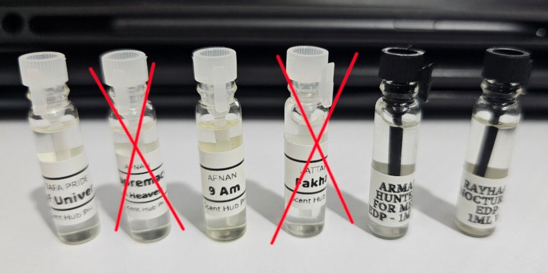Perfume decants - Afnan, Armaf, Lattafa, Rayhaan (Category: Fragrance & Deodorants) located in Rodriguez. Submitted by nglrmbaoa (Listing ID 1434548397, Image 1). Description: • OG Middle Eastern 1ml Vials • 2-3 drops missing • All bought from trusted decant sellers • Selling them below SRP • RFS: decided na what to buy na full bottle • For take all = 250 Afnan 9 AM Dive - 40 (SRP 55) Armaf Hunter for Men - 40 (SRP 50) Lattafa Art of Universe - 1