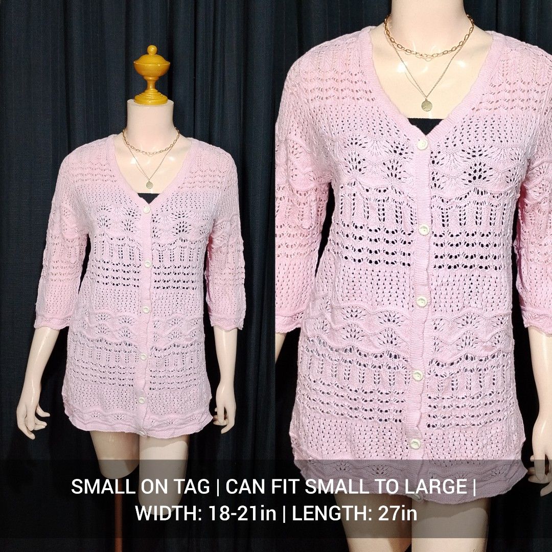 Pink Crochet Knit Button-Up Cardigan (Category: Coats, Jackets and Outerwear) located in Quezon City. Submitted by handydandyclothes (Listing ID 1440379355, Image 1). Description: ✅ Small on Tag ✅ Can fit Small to Large ✅ Width (Laid Flat): 18-21in ✅ Length (Laid Flat): 27in ✅ Can ship same day or SCO ✅ Location: Quezon City.