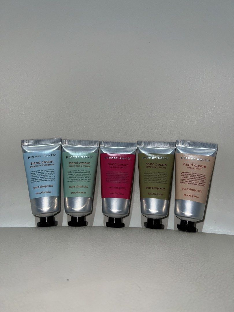Planet Earth Hand Cream Set - 5 x 20ml Tubes (Category: Hands & Nails) located in Manila. Submitted by wrie_ (Listing ID 1440375236, Image 1). Description: - Set of 5 Planet Earth hand creams - Each tube is 20ml - Scents include: Geranium & Bergamot, Green Pear & Mango, Cocoa Butter - Ideal for travel or sampling different fragrances - Features a pure simplicity formula.