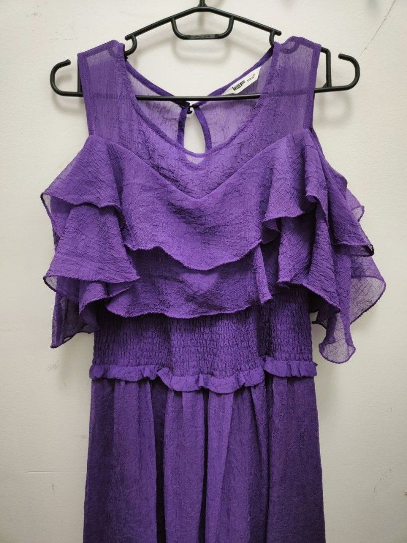 Purple Maxi Ruffled Tiered Dress (Category: Dresses) located in Basud. Submitted by sourfiashop (Listing ID 1440299181, Image 1). Description: A purple maxi dress with ruffled tiered details and a shirred waistline. L - 45 W - 30 to 35 B - 28 to 30.
