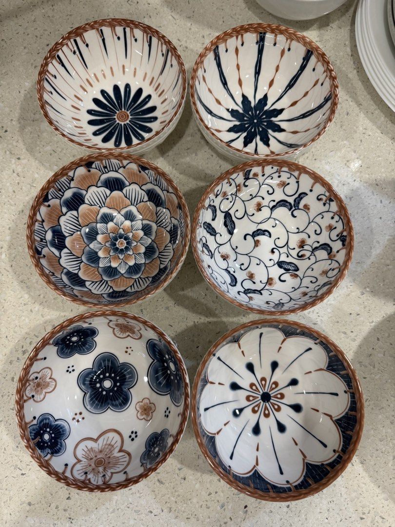 Set of 6 Ceramic Bowls (Category: Dinnerware & Cutlery) located in Klang. Submitted by jwaloha (Listing ID 1440265497, Image 1). Description: -fragile item, self-collect only. Set of 6 beautiful ceramic bowls - Unique designs (floral & abstract) - Braided texture on rims - Ideal for serving snacks, rice, or soup - Dishwasher and microwave safe - Adds a lovely touch to your dining table.