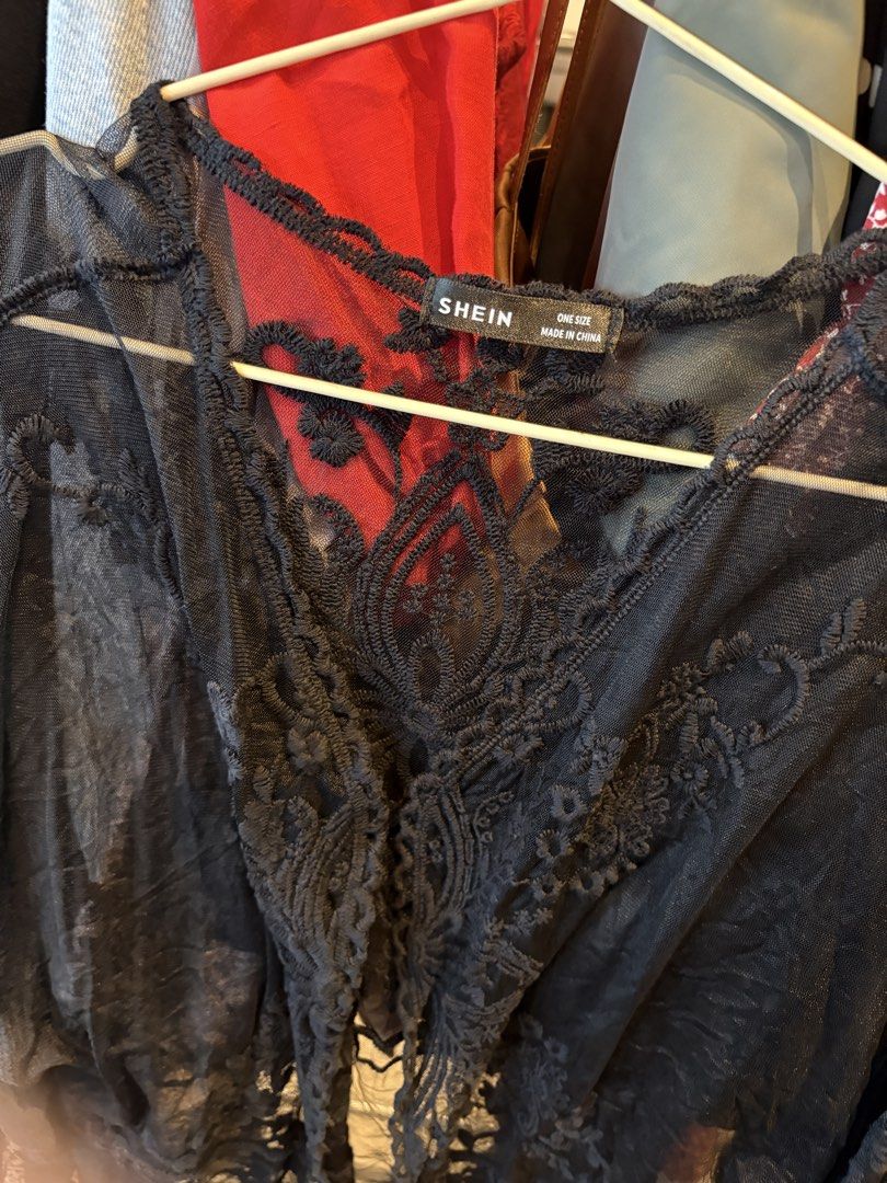 SHEIN Black Lace Kimono One Size (Category: Coats, Jackets and Outerwear) located in Marikina City. Submitted by delriogrande (Listing ID 1440307261, Image 3). Description: Black sheer lace kimono with embroidered floral details. * Brand: SHEIN * One size * Sheer mesh fabric * Floral lace embroidery * Open front * Condition: Good used condition.
