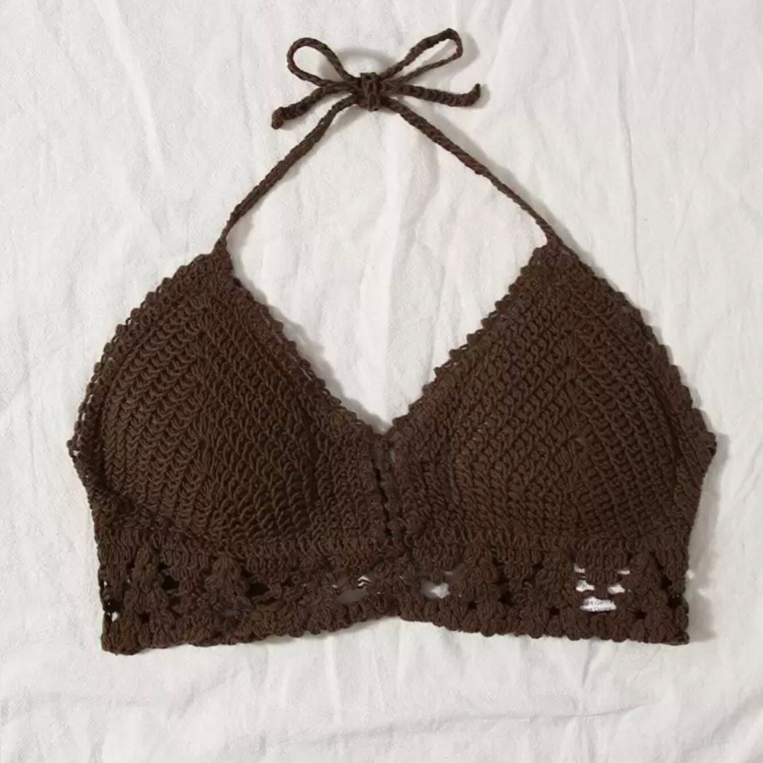 Shein Brown Crochet Halter Bikini Top (Category: Bikinis & Swimsuits) located in Tarlac. Submitted by milkshakeee_ (Listing ID 1440335377, Image 3). Description: - Bought at Shein - Mocha Brown Color - Cute brown crochet halter top - Ties at the neck and back for an adjustable fit - Perfect for festivals or beach days - Pairs great with denim shorts or a skirt - Boho chic style.