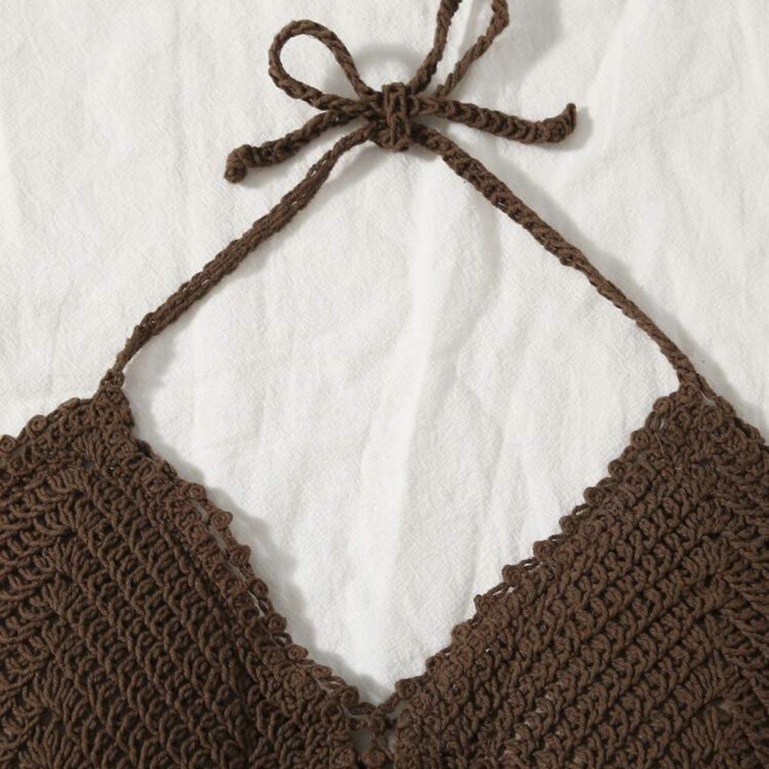 Shein Brown Crochet Halter Bikini Top (Category: Bikinis & Swimsuits) located in Tarlac. Submitted by milkshakeee_ (Listing ID 1440335377, Image 2). Description: - Bought at Shein - Mocha Brown Color - Cute brown crochet halter top - Ties at the neck and back for an adjustable fit - Perfect for festivals or beach days - Pairs great with denim shorts or a skirt - Boho chic style.
