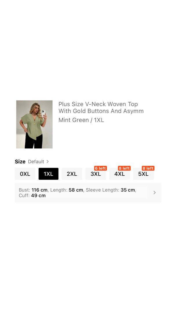 SHEIN PLUS Brand New Green Top (Category: Blouses) located in Dasmarinas. Submitted by obwigeyl (Listing ID 1440249143, Image 2). Description: - V-neck with single gold button closure - Asymmetrical hemline - Short, fluttery sleeves - Size 1XL - Rfs: WRONG SIZE mop: gcash/bdo/maribank loc: dasma/pasay (can do same day delivery) .