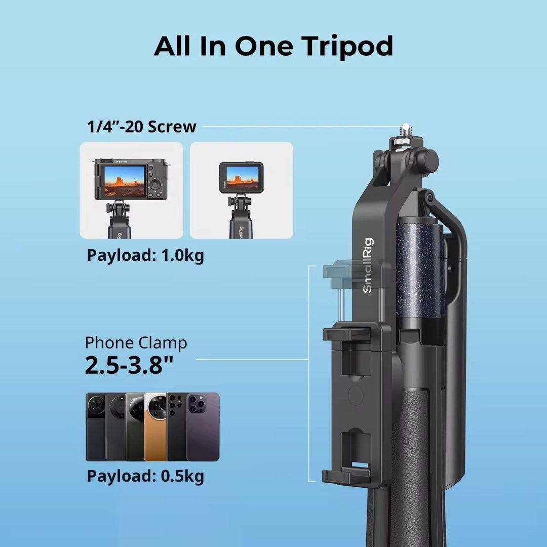 SmallRig Windproof Stabilizer Phone Tripod Selfie Stick (Category: Tripods & Monopods) located in Quezon City. Submitted by margaggonzalez (Listing ID 1440257716, Image 3). Description: • SmallRig 2-in-1 Tripod & Selfie Stick • Windproof design with hidden steel stakes for superior stability • Extended four-corner support for added security • Fits phones 2.5 to 3.8 inches wide • Supports cameras up to 1kg • Supports phones up to 0.5kg • Maximum h