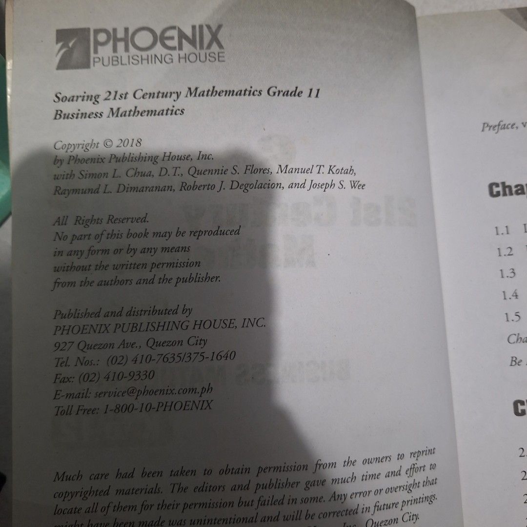 Soaring 21st Century Mathematics Business Math Grade 11 Textbook (Category: Textbooks) located in Manila. Submitted by singingmamay (Listing ID 1440367691, Image 2). Description: - Grade 11 ABM ICT textbook - Subject: Business Math - Publisher: Phoenix Publishing House - Copyright: 2018 - Authors: Simon L. Chua, D.T. Queresma S. Flores, Manuel T. Kotah, Raymond L. Dunaran, Roberto J. Degollacion, Joseph S. Wer.