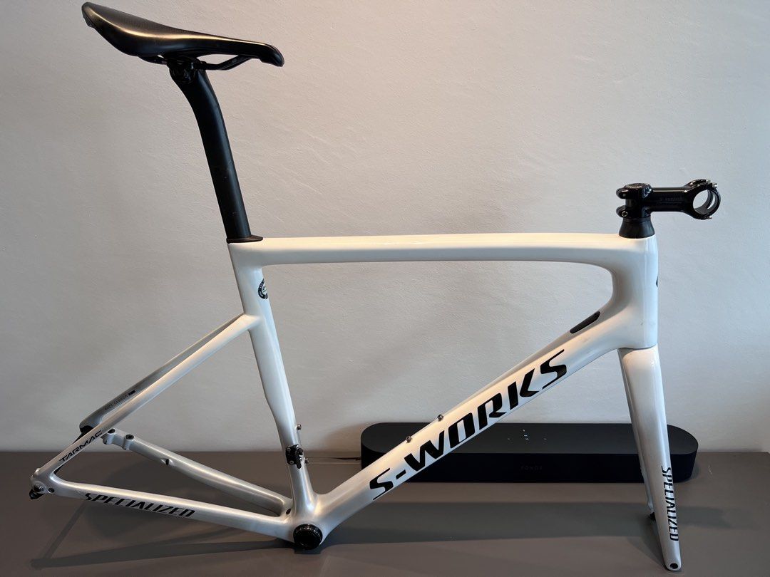 S-Works SL6 Frameset (Category: Bicycles) located in Singapore. Submitted by viforpanther (Listing ID 1433074483, Image 1). Description: - Size 56 - Authentic frameset custom-painted white - Price for frameset only (frame/fork/seatpost/BB/80mm sworks stem) - Some scuffs (tagged) present but otherwise well-maintained and ready to be built up) - Does not include wheelset, handlebar, groupset, padels, saddle and bottle cages..