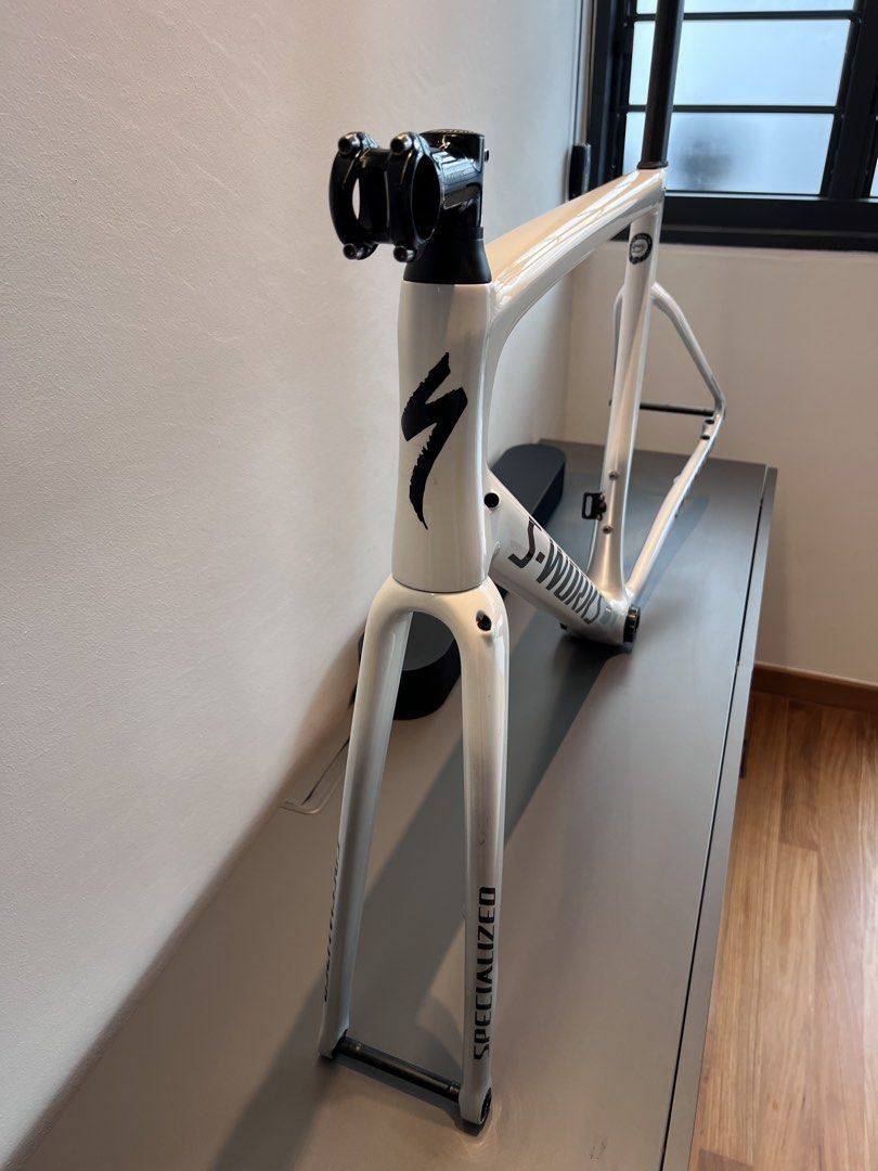 S-Works SL6 Frameset (Category: Bicycles) located in Singapore. Submitted by viforpanther (Listing ID 1433074483, Image 3). Description: - Size 56 - Authentic frameset custom-painted white - Price for frameset only (frame/fork/seatpost/BB/80mm sworks stem) - Some scuffs (tagged) present but otherwise well-maintained and ready to be built up) - Does not include wheelset, handlebar, groupset, padels, saddle and bottle cages..
