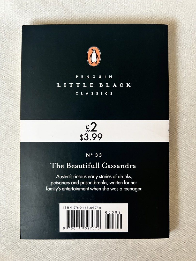 The Beautiful Cassandra Book by Jane Austen (Category: Storybooks) located in Mandaluyong City. Submitted by urgifted (Listing ID 1440257885, Image 2). Description: The Beautiful Cassandra is a short and humorous story about a spirited young woman who goes on a chaotic adventure through town, making bold and funny decisions along the way. Written by a young Jane Austen, it showcases her early wit and playful storytelling style. • Preloved and in 