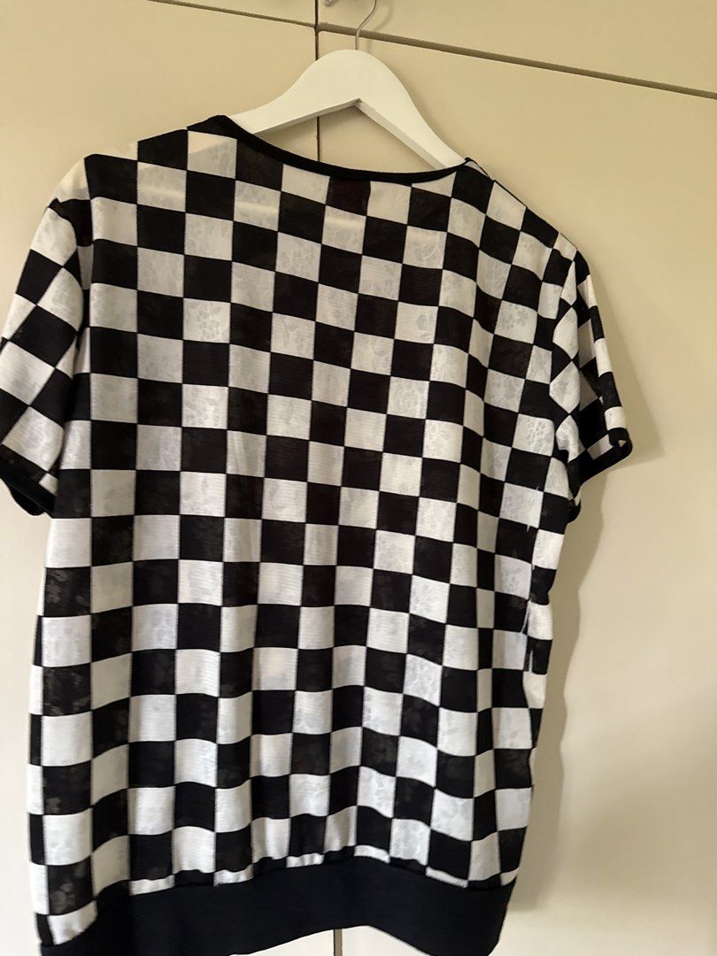 This is a black and white checkered, short-sleeved blouse (Category: Shirts) located in Imus. Submitted by avebethpreloved (Listing ID 1440367642, Image 3). Description: Thin fabric.