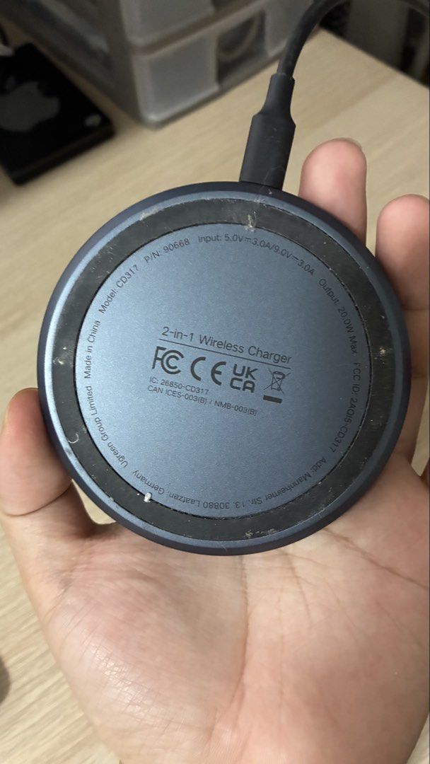 UGREEN 2-in-1 Wireless Charger CD317 (Category: Chargers & Cables) located in Pasay City. Submitted by yul0watus (Listing ID 1440225262, Image 2). Description: Selling my preloved wireless charger for only 490 pesos. - UGREEN 2-in-1 Wireless Charger (Model CD317) - Sleek Black Design - Magnetic Charging Stand for Phone - Separate Charging Pad at Base - Max Output: 20.0W - Input: USB-C - Perfect for Desk Organization.