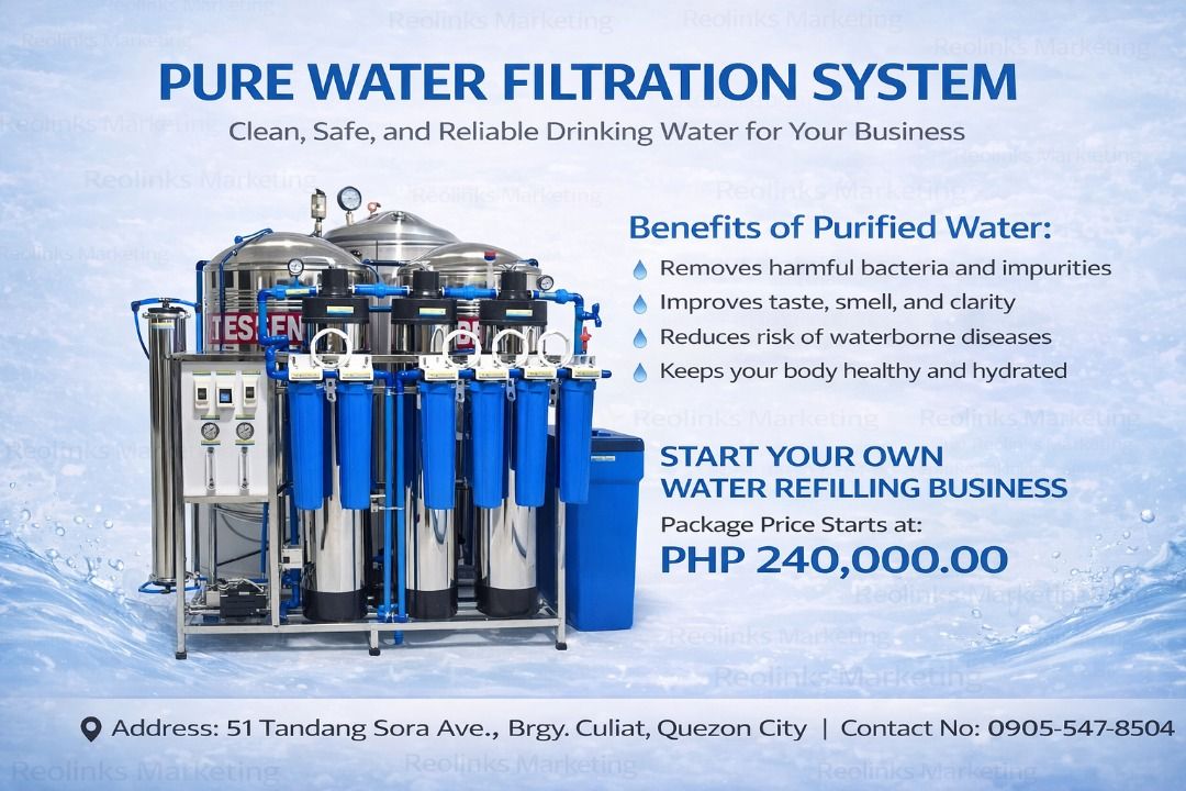 Water Refilling Station Package (Category: Everything Else Others) located in Quezon City. Submitted by reo_ma (Listing ID 1440227424, Image 1). Description: 𝗦𝘁𝗮𝗿𝘁 𝗬𝗼𝘂𝗿 𝗢𝘄𝗻 𝗪𝗮𝘁𝗲𝗿 𝗥𝗲𝗳𝗶𝗹𝗹𝗶𝗻𝗴 𝗕𝘂𝘀𝗶𝗻𝗲𝘀𝘀! 𝗣𝗮𝗰𝗸𝗮𝗴𝗲 𝗣𝗿𝗶𝗰𝗲 𝗦𝘁𝗮𝗿𝘁𝘀 𝗮𝘁: 𝗣𝗛𝗣 240,000.00 Water Refilling Station Package ✔ High-quality equipment at an affordable price ✔ Nationwide installation available 𝘽𝙚𝙣𝙚𝙛𝙞𝙩𝙨 𝙤𝙛 𝙋𝙪𝙧𝙞𝙛𝙞𝙚𝙙