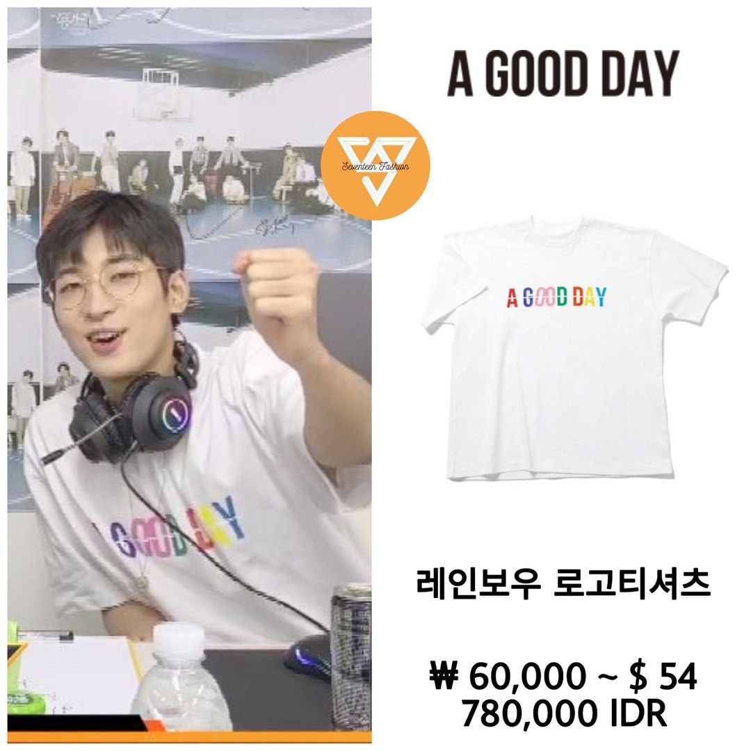 Wonwoo FLY ASG A GOOD DAY Graphic Tee (Category: Tshirts & Polo Shirts ) located in Mandaluyong City. Submitted by lhc96 (Listing ID 1440341017, Image 3). Description: - Brand: Authentic FLY ASG - Color: Black - Design: "A GOOD DAY" print - Fit: Oversized - Never used; purchased for 60,000 won - Note: 2nd and 3rd photos are not mine; used as reference only.