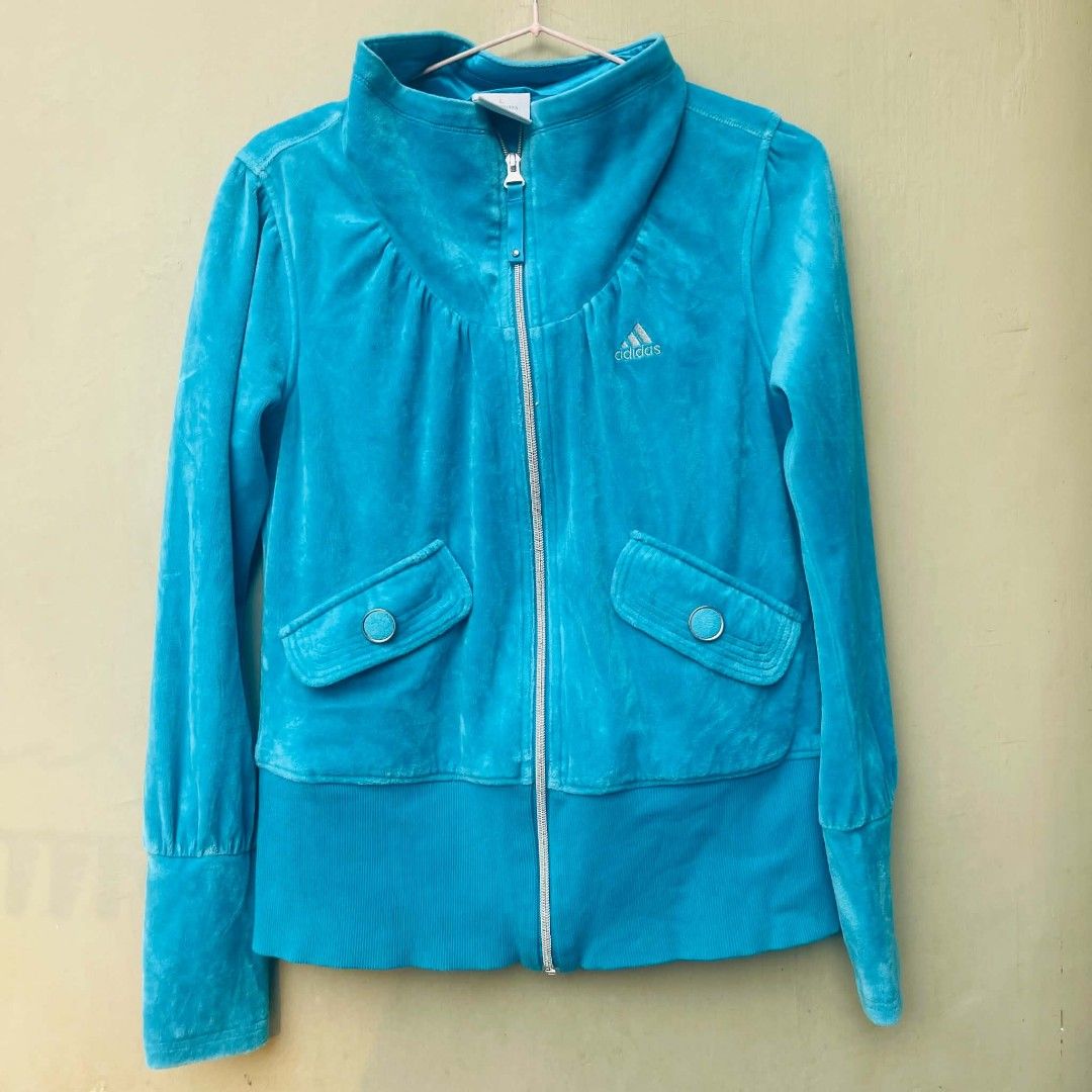 Adidas Velour Track Jacket Teal Blue (Category: Coats, Jackets and Outerwear) located in Bulacan. Submitted by fenph2021 (Listing ID 1440499904, Image 1). Description: - Cool teal blue Adidas velour jacket - Zip-up front with two button pockets - Ribbed cuffs and hem - Soft and comfy material s-L - Great for casual wear or light workouts - Size L - Check photos for details velvet.