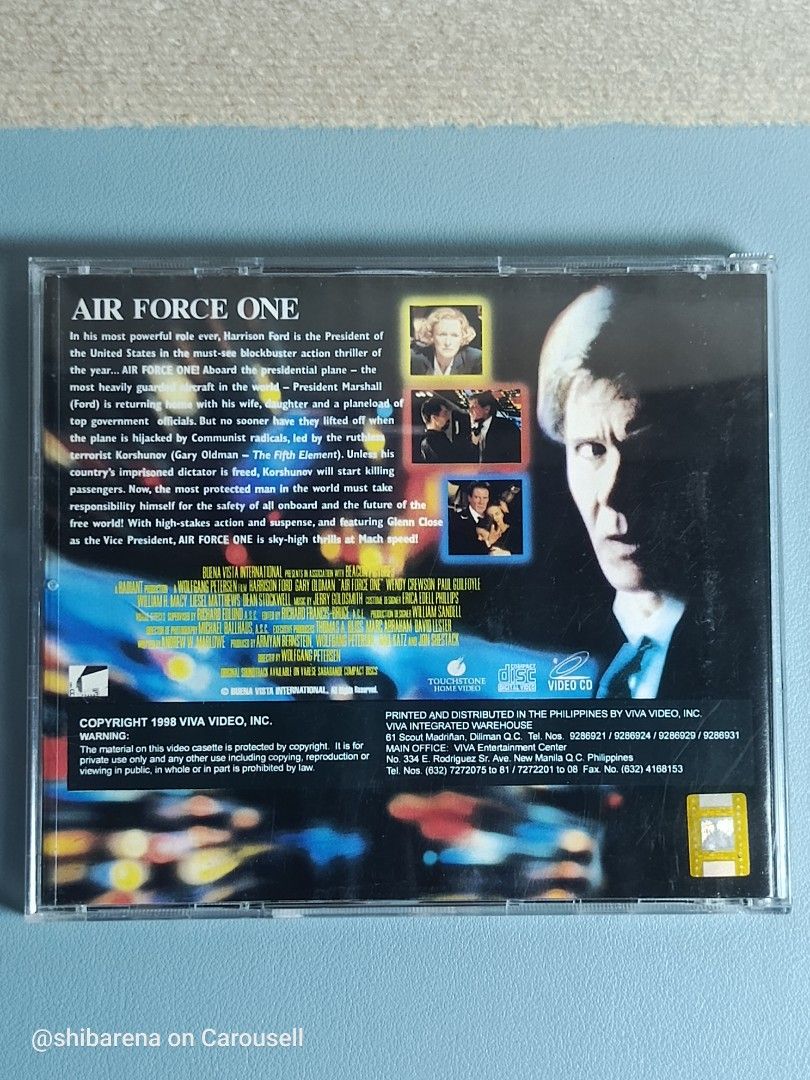 Air Force One VCD - Harrison Ford (Category: CDs & DVDs) located in Cebu City. Submitted by shibarena (Listing ID 1440466638, Image 2). Description: - Air Force One VCD (Pre-owned) - Starring Harrison Ford - Note: Both disc holders are broken. ⚠️ Please ensure your DVD player supports VCD before purchase..