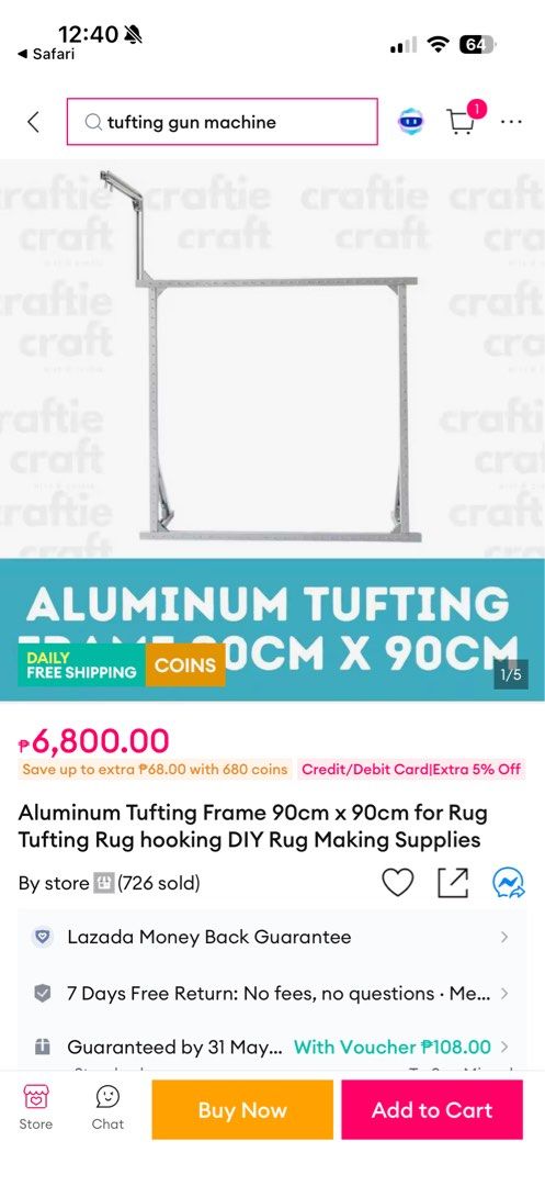 Aluminum Tufting Frame 90cm x 90cm for Rug Making (Category: Home Improvement Tools & Accessories) located in Taguig. Submitted by ryanwellmanibo (Listing ID 1440426413, Image 1). Description: - 90cm x 90cm Aluminum Tufting Frame - Perfect for rug hooking and DIY rug making - Sturdy construction for durability - Ideal for your next creative project.