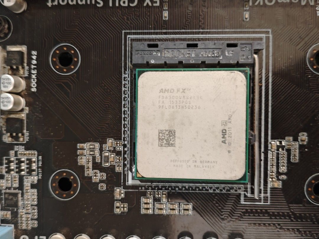 AMD FX-6300 Six-Core CPU Processor (Socket AM3+) - Untested (Category: Desktops) located in Kuala Lumpur. Submitted by koroyu (Listing ID 1440461345, Image 1). Description: Cleared out from an old setup. Untested, buying at your own risk, no returns. Core Specs: • Model: AMD FX-6300 (Part No: FD6300WMW6KHK) • Cores/Threads: 6 Cores / 6 Threads • Clock Speed: 3.5 GHz Base / 4.1 GHz Turbo • Socket Support: AM3+ Only • Includes: Original plastic pro