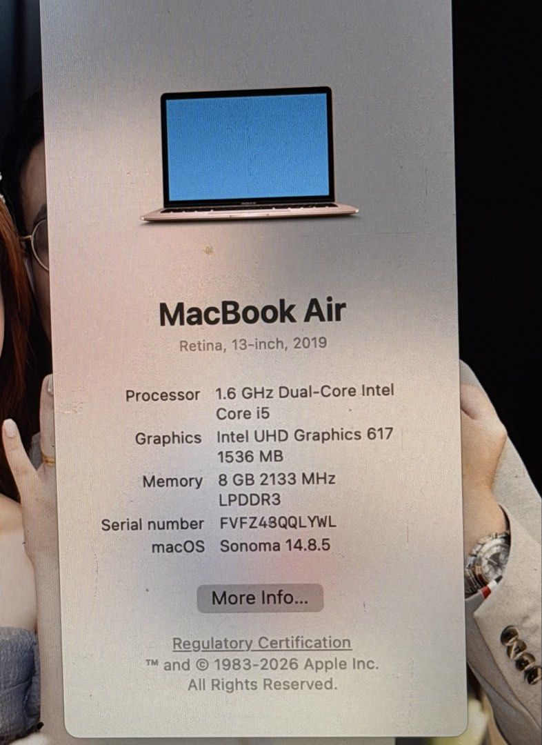 Apple MacBook Air 13-inch 2019 Rose Gold (Category: Laptops & Notebooks) located in Manila. Submitted by fabthrift2024 (Listing ID 1440549430, Image 2). Description: - Rose Gold 13-inch 2019 MacBook Air - 1.6 GHz Intel Core i5 Processor - 8 GB RAM - 1536 MB Intel UHD Graphics 617 - Runs on macOS Sonoma 14.8.5 - Comes with a glittery rose gold protective cover - Ideal for everyday use, school, or work.