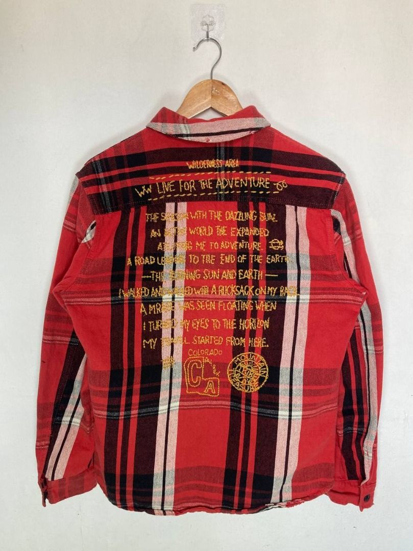 Avirex Embroidered Plaid Flannel (Category: Coats, Jackets and Outerwear) located in Quezon City. Submitted by stylenpick (Listing ID 1440541460, Image 1). Description: Brand: Avirex Made in: USA Year: Material: Cotton Color: Red plaid Marked size: L Sizing: Slim M-L Measurements (laid flat) Shoulders: 17.5" Sleeves: 23.5” Width: 21” Hem: 21" Length: 26” Color rating: 8.5/10 Condition: 8.5/10 Flaws: signs of usage, light fraying .