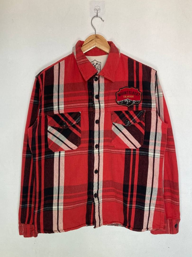 Avirex Embroidered Plaid Flannel (Category: Coats, Jackets and Outerwear) located in Quezon City. Submitted by stylenpick (Listing ID 1440541460, Image 2). Description: Brand: Avirex Made in: USA Year: Material: Cotton Color: Red plaid Marked size: L Sizing: Slim M-L Measurements (laid flat) Shoulders: 17.5" Sleeves: 23.5” Width: 21” Hem: 21" Length: 26” Color rating: 8.5/10 Condition: 8.5/10 Flaws: signs of usage, light fraying .