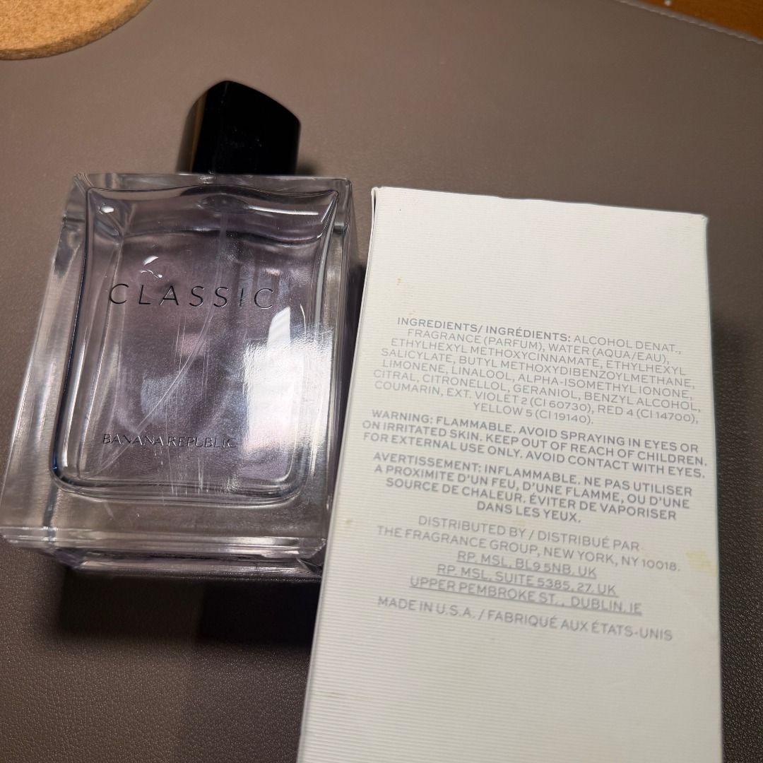 Banana Republic Classic Eau de Parfum 125ml (Category: Fragrance & Deodorants) located in Navotas City. Submitted by darkseed4 (Listing ID 1440442559, Image 3). Description: Original. I think I bought it in Singapore. 90% Juice level. RFS: Decluttering - Banana Republic Classic Eau de Parfum for Men - 125ml bottle - Includes original box - Ideal for everyday wear - What you SEE is what you GET. Delivery via Lalamove or Grab within Metro Manila is