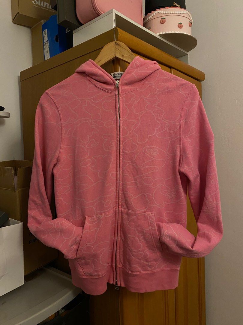 BAPE Pink Hoodie Full Zip (Category: Coats, Jackets and Outerwear) located in Quezon City. Submitted by c6890k (Listing ID 1440500257, Image 1). Description: Pink Hoodie My most fave Decluttering Dimensions: 19x24.5 Size S in tag but can fit medium to semi large body frames .