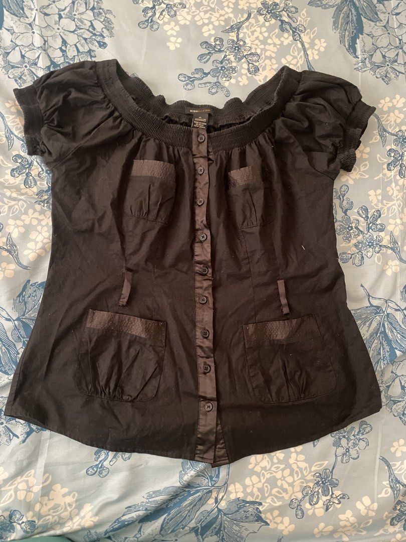BCBGMAXAZRIA Vintage Y2K Off Shoulder Cargo Top (Category: Blouses) located in Lucena. Submitted by declutter.k (Listing ID 1440422851, Image 1). Description: - BCBGMAXAZRIA Brand - Stretchable - Issue on 5th pic, but can be sewed naman - No ww - Button on.