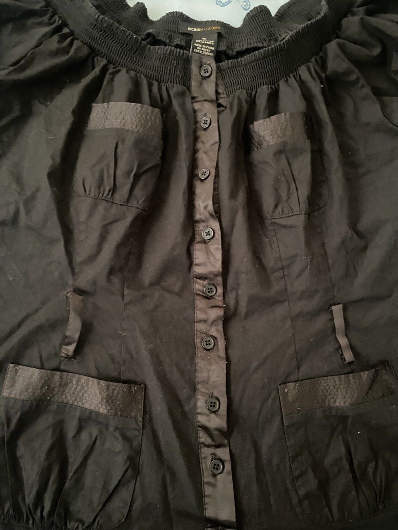 BCBGMAXAZRIA Vintage Y2K Off Shoulder Cargo Top (Category: Blouses) located in Lucena. Submitted by declutter.k (Listing ID 1440422851, Image 3). Description: - BCBGMAXAZRIA Brand - Stretchable - Issue on 5th pic, but can be sewed naman - No ww - Button on.