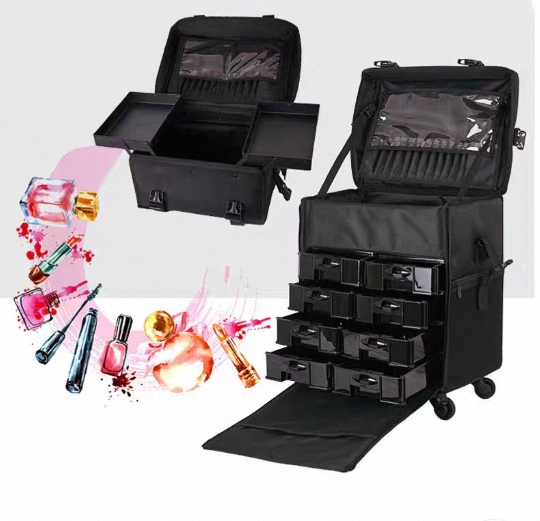 Black Rolling Makeup Trolley Case with Multiple Drawers466379631924367361