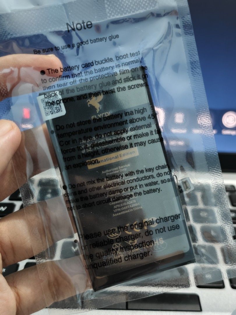 iPhone 12/12 Pro Battery (Category: Batteries & Power Banks) located in Taguig. Submitted by wiltech016 (Listing ID 1440404380, Image 3). Description: Selling a brand new, sealed FLYCDI replacement battery for the Apple iPhone 12 and iPhone 12 Pro. This is a "High Capacity" Li-ion polymer battery boasting 3320mAh. Since the original stock battery for these models is only 2815mAh, this upgrade will significantly improve your screen-on time and kee