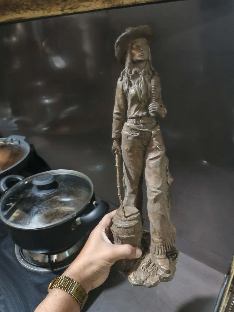 Brass cowgirl statue display (Category: Vintage Collectibles) located in Manila. Submitted by kurukutuk (Listing ID 1440397966, Image 3). Description: brass cowgirl statue display 15.5 x 5 inches HxL made of brass.