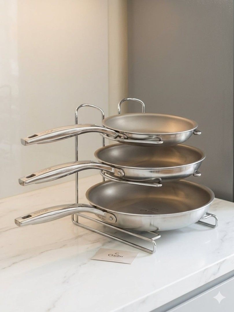Cladin titanium clad premium cookware (Category: Cookware & Accessories) located in Baguio. Submitted by noona_faith (Listing ID 1440513428, Image 1). Description: This is a bundle deal. Take all 3 pans (24cm frypan, 28cm frypan, and 28cm wok pan). PLUS a freebie of stainless divider/organizer ‼️ One bundle available only . This is full clad pans with titanium coating which means nonstick with higher scratch resistance and is lighter in weight th