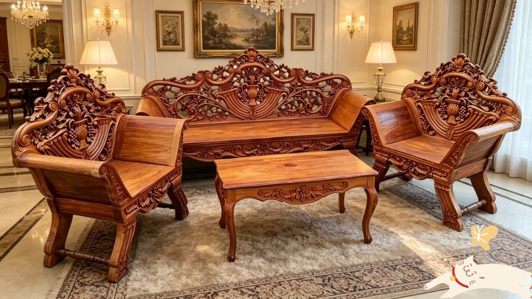 Cleopatra sala set solid narra (Category: Sofas) located in Manila. Submitted by carmelites36250 (Listing ID 1440467346, Image 1). Description: Cleopatra Sala Set made of solid and very thick Red Narra Wood with thru and thru design. Restored and ready to use for only P35,450. Size 3 Seater L78 x W21 x SH17 x H44 Single Seater L38 x W21 x SH17 x H44 Center Table L37 x W19 x H19 all in inches.
