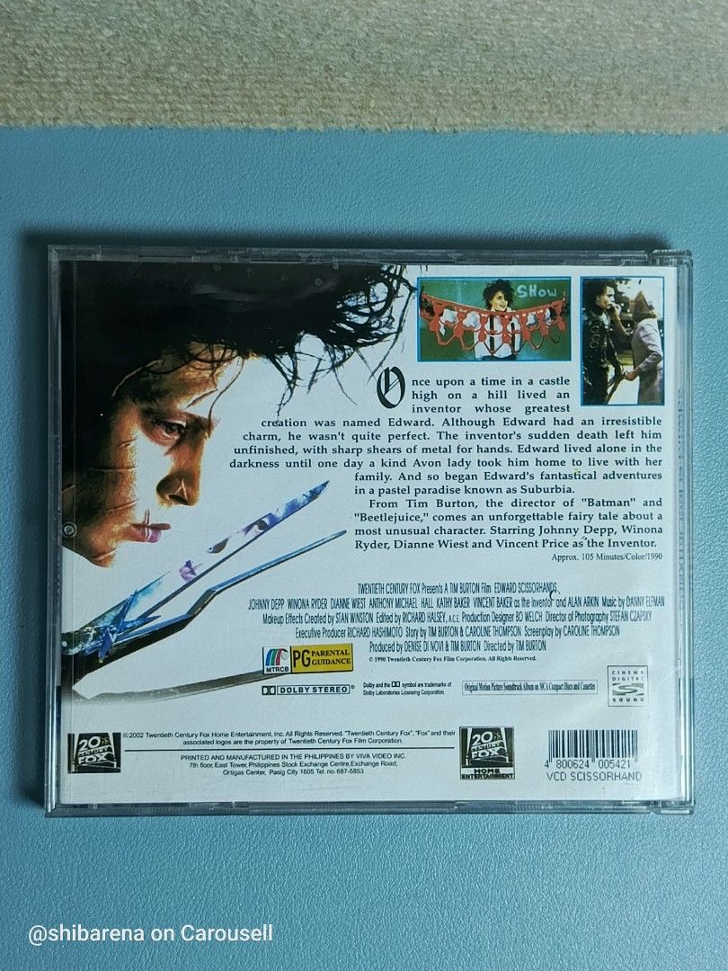 Edward Scissorhands VCD - Johnny Depp, Winona Ryder (Category: CDs & DVDs) located in Cebu City. Submitted by shibarena (Listing ID 1440475481, Image 2). Description: - Edward Scissorhands VCD (Pre-owned) - Starring Johnny Depp and Winona Ryder - Note: Both disc holders are broken. - From 20th Century Fox - A classic fantasy film ⚠️ Please ensure your DVD player supports VCD before purchase..