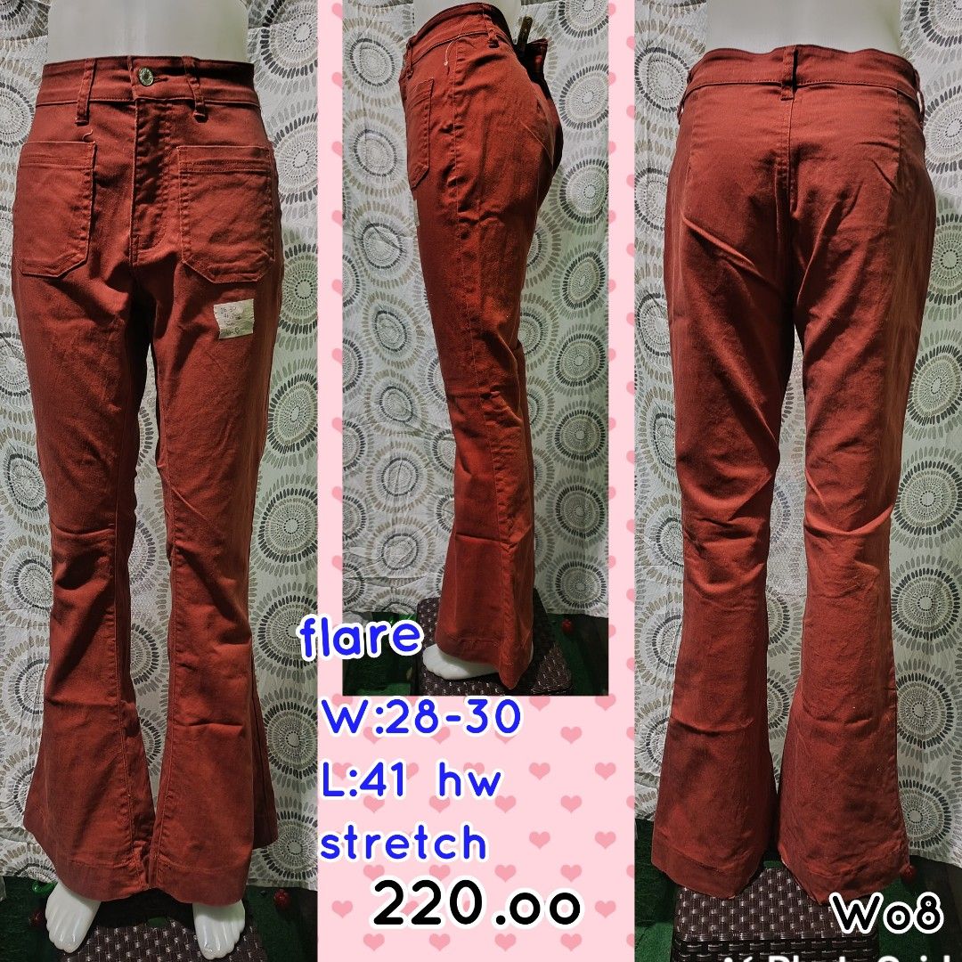 Flare Pants W:28-30 L:41 hw Stretch (Category: Jeans) located in Baguio. Submitted by cyann78 (Listing ID 1440464507, Image 1). Description: - Trendy reddish-brown flare pants - Comfortable stretch material - Waist: 28-30 inches - Length: 41 inches - Ideal for a stylish retro look minimal frays at the flare opening only. .