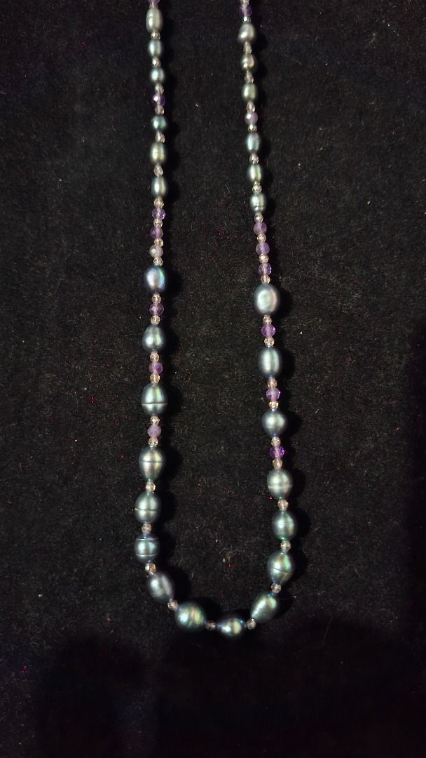 Gemstone and Pearl Necklace (Category: Jewelry) located in Antipolo. Submitted by 1998andcounting (Listing ID 1440526384, Image 1). Description: Bluish Gray Gemstone and Pearl Necklace Made with Spinels, Amethyst, and Platinum Plated S925 findings.