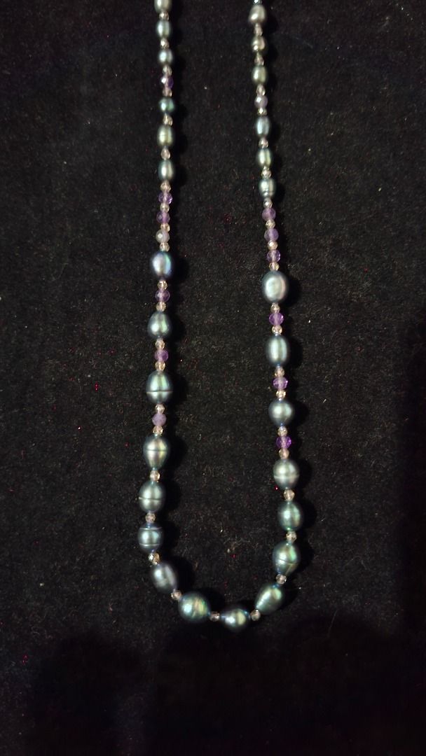 Gemstone and Pearl Necklace (Category: Jewelry) located in Antipolo. Submitted by 1998andcounting (Listing ID 1440526384, Image 2). Description: Bluish Gray Gemstone and Pearl Necklace Made with Spinels, Amethyst, and Platinum Plated S925 findings.