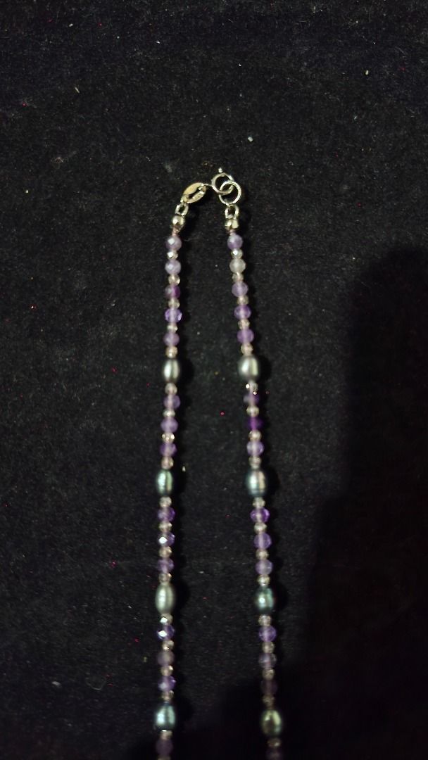 Gemstone and Pearl Necklace (Category: Jewelry) located in Antipolo. Submitted by 1998andcounting (Listing ID 1440526384, Image 3). Description: Bluish Gray Gemstone and Pearl Necklace Made with Spinels, Amethyst, and Platinum Plated S925 findings.