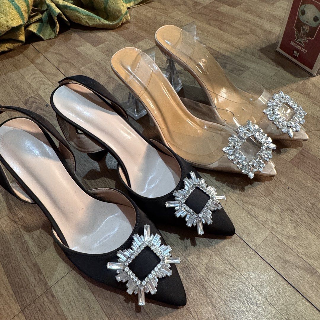 2 heels bundle shein size us 8 (Category: Heels) located in Manila. Submitted by bey.moiselle (Listing ID 1440487598, Image 1). Description: size uk 39 us 8 brandnew, havent use brand shein Black and Transparent Embellished Pointed Toe Heels - Two stylish slingback heel options: classic black or transparent. - Features a trendy clear block heel for comfortable height. - Elegant square rhinestone embellishment on the toe. .