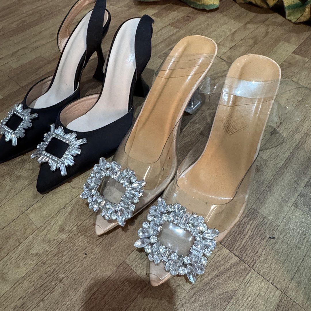 2 heels bundle shein size us 8 (Category: Heels) located in Manila. Submitted by bey.moiselle (Listing ID 1440487598, Image 3). Description: size uk 39 us 8 brandnew, havent use brand shein Black and Transparent Embellished Pointed Toe Heels - Two stylish slingback heel options: classic black or transparent. - Features a trendy clear block heel for comfortable height. - Elegant square rhinestone embellishment on the toe. .
